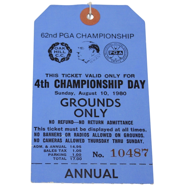1980 PGA Championship at Oak Hill CC 4th Championship Day Ticket #10487 - Jack Nicklaus Major Win