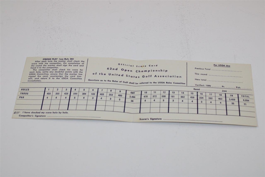 1962 US Open at Oakmont CC Official Scorecard - Jack Nicklaus First Win & Major