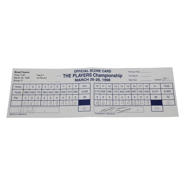 Brad Faxon Signed 1998 Players Championship 1st Rd Scorecard with Fred Couples Marker