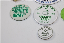 Seven (7) Various Arnies Army Arnold Palmer Pin Backs - Unique