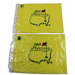 2001 & 2002 Masters Tournament Embroidered Flags in Original Packages - Tiger Wins