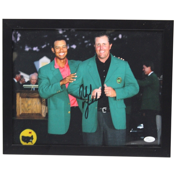 Phil Mickelson Signed Masters Photo Receiving The Green Jacket From Tiger JSA #J25601