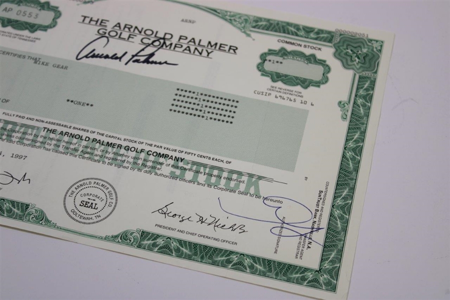 Arnold Palmer Signed 'The Arnold Palmer Co. Common Stock Certificate #AP0553 JSA ALOA