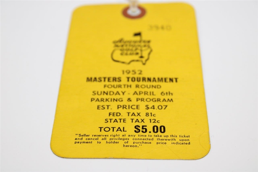 1952 Masters Tournament Sunday 4th Rd Final Day Ticket #3940