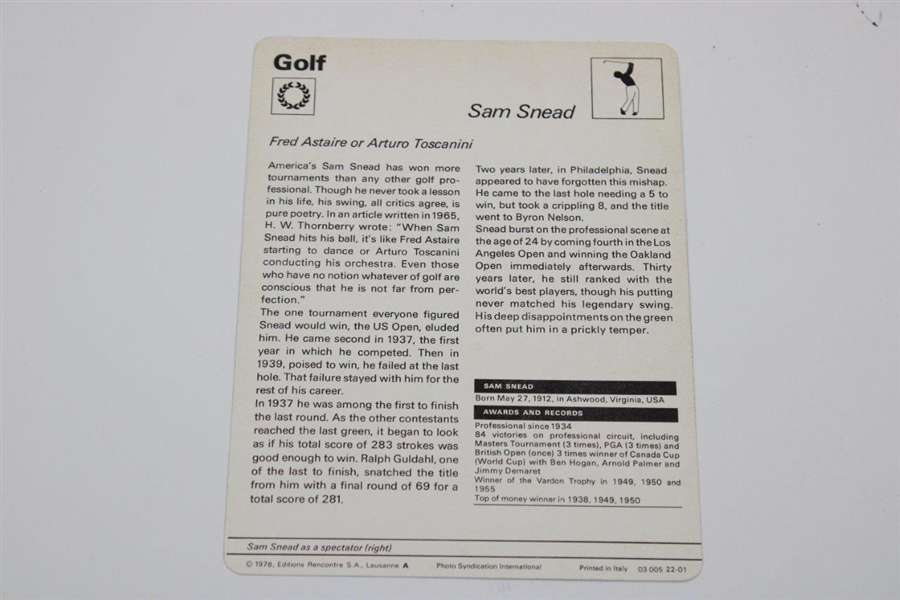 Sam Snead Signed 1978 'Golf' Sportscaster Card JSA ALOA