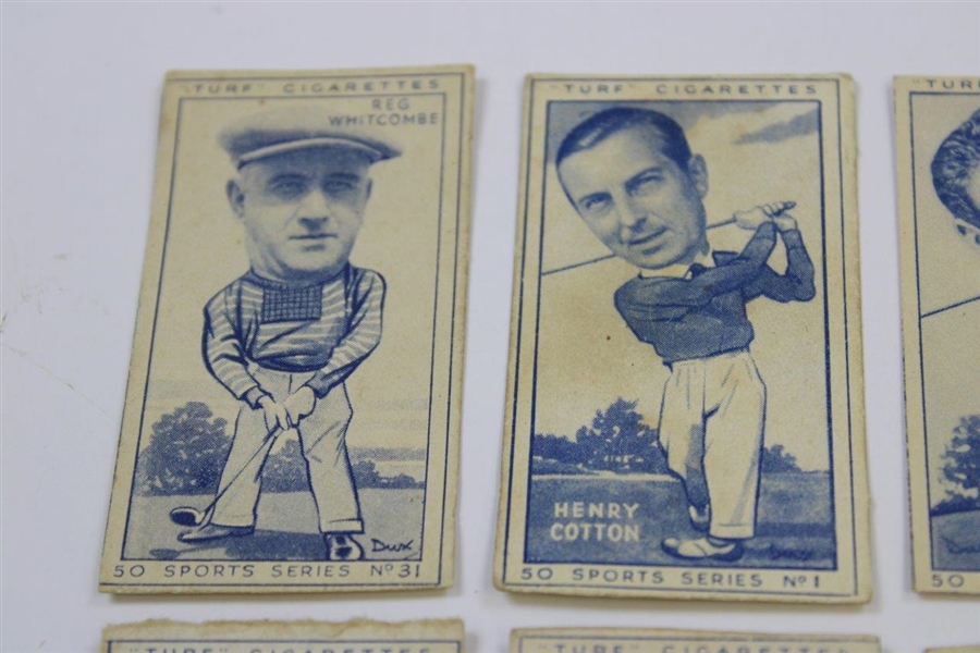 Eight (8) 1941 Turf Cigarettes Sports Series Golf Cards w/Henry Cotton, Dai Rees & others