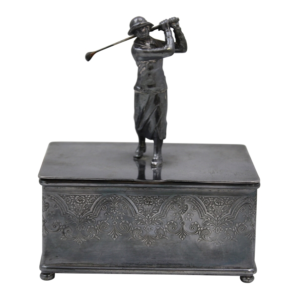 Vintage Female Post Swing Figural Golfer Silver Company Box w/ Ornate Detailing 