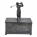 Vintage Female Post Swing Figural Golfer Silver Company Box w/ Ornate Detailing 