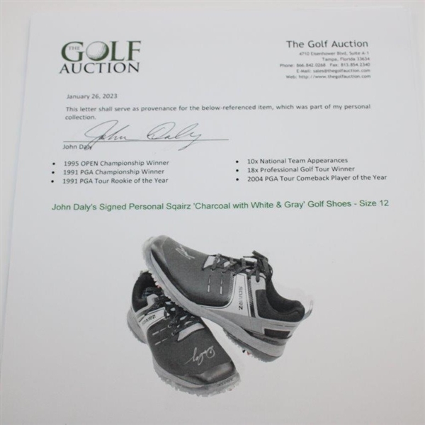 John Daly's Signed Personal Sqairz 'Charcoal with White & Gray' Golf Shoes - Size 12 JSA ALOA