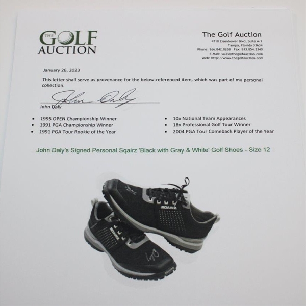 John Daly's Signed Personal Sqairz 'Black with Gray & White' Golf Shoes - Size 12 JSA ALOA