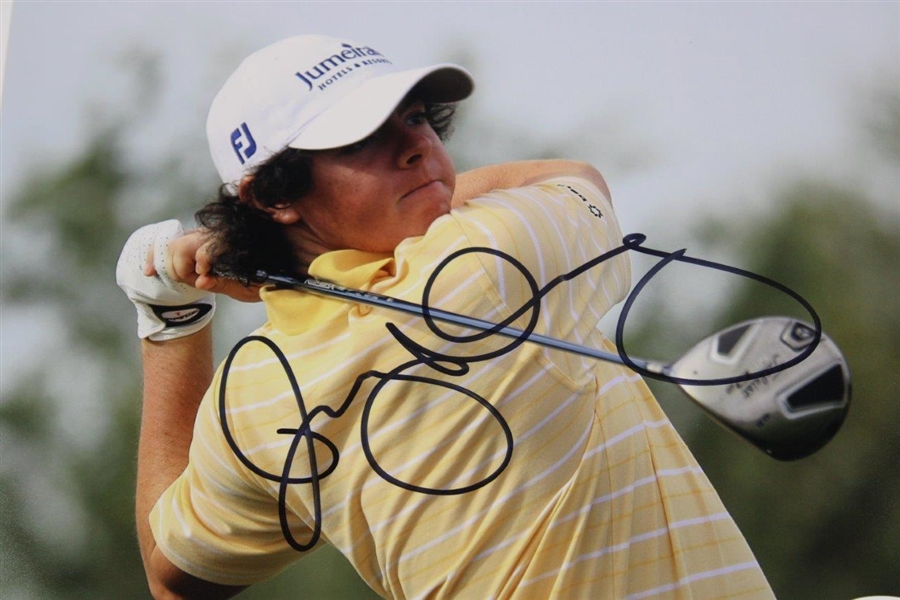 Rory McIlroy Signed Post Swing Pose in Yellow Shirt 8x10 Photo JSA