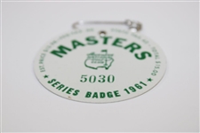 1961 Masters Tournament SERIES Badge #5030 w/Original Pin - Gary Player Winner