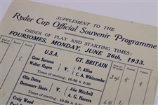 1933 Ryder Cup Monday Order of Play & Start Times - Supplement to Official Program