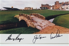 Big 3 Palmer, Player & Nicklaus Signed 11x14 Swilken Bridge St. Andrews Photograph