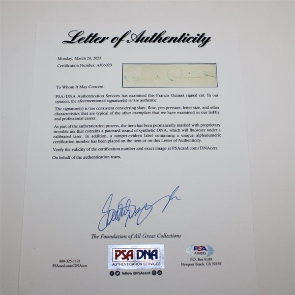 Francis Ouimet Signed Cut Photo Presentation - Framed PSA/DNA FULL Letter #AJ06023