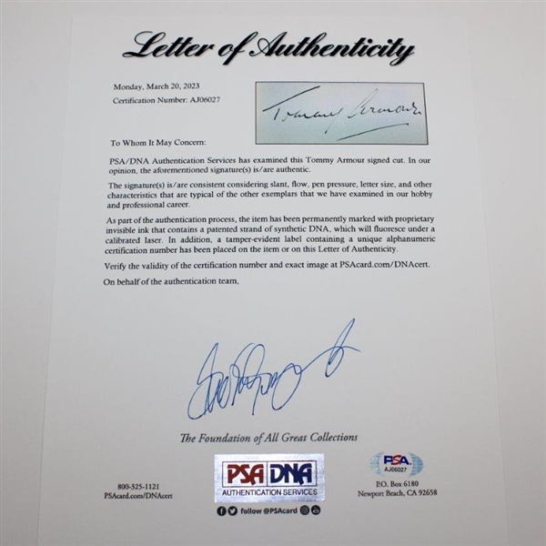 Tommy Armour Signed Cut Photo Presentation - Framed PSA/DNA FULL Letter #AJ06027