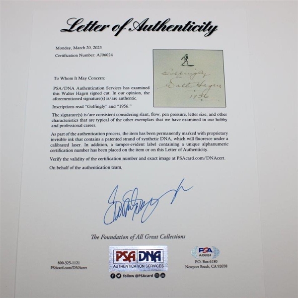 Walter Hagen Signed Cut Photo Presentation - Framed PSA/DNA FULL Letter #AJ06024