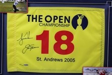 Tiger Woods & Jack Nicklaus Ltd Ed Signed 2005 OPEN at St Andrews Flag UDA #BAK35874