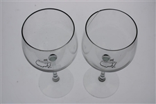 Pair of Classic Masters Tournament Logo Red Wine Stem Glasses - One Has Crack