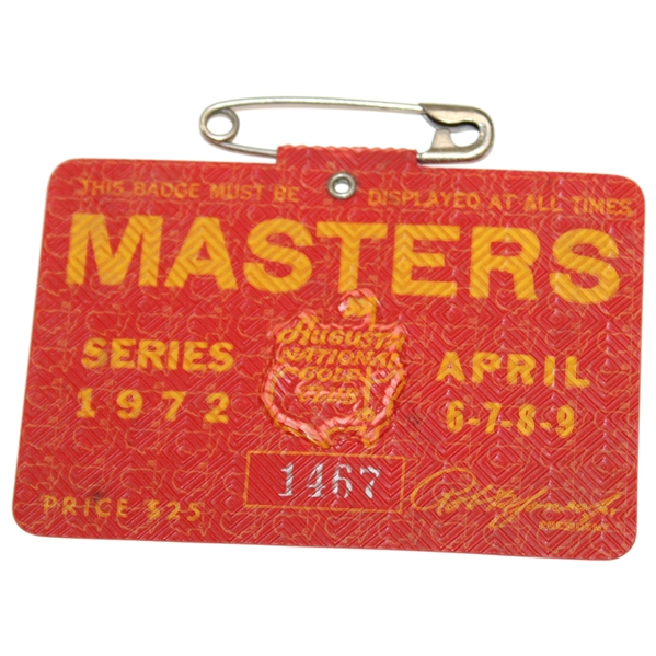 1972 Masters Tournament SERIES Badge #1467 - Jack Nicklaus Winner