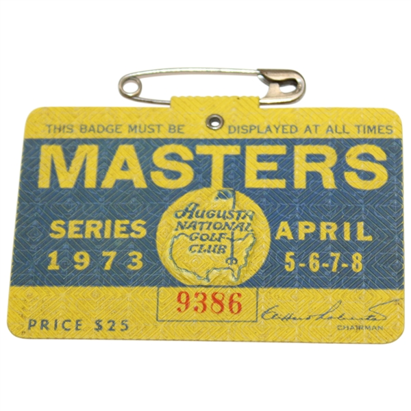 1973 Masters Tournament SERIES Badge #9386 - Tommy Aaron Winner