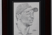 Tiger Woods Original Portrait Pencil Sketch Signed by Artist Robert Fletcher - Framed 