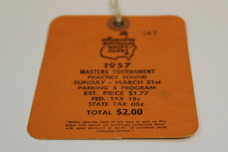 1957 Masters Tournament Sunday Practice Rd Ticket #347 with Original String - Doug Ford Winner