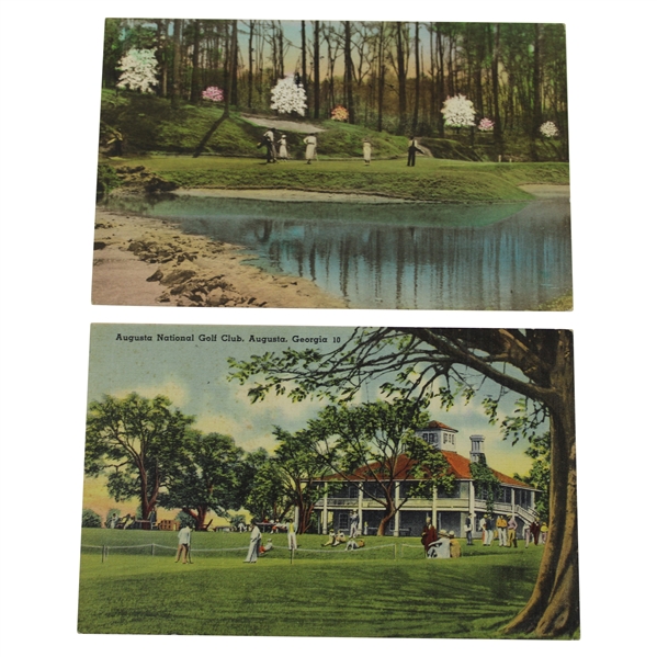 Two 1930's Augusta National Golf Club Post Cards - Hole 12 & Clubhouse