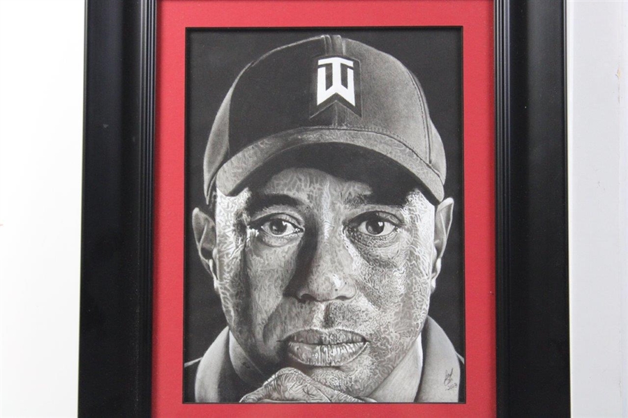 Original Hand Drawn Tiger Woods Picture with Graphite, Charcoal & Paint by Artist Jon Slagh - Framed