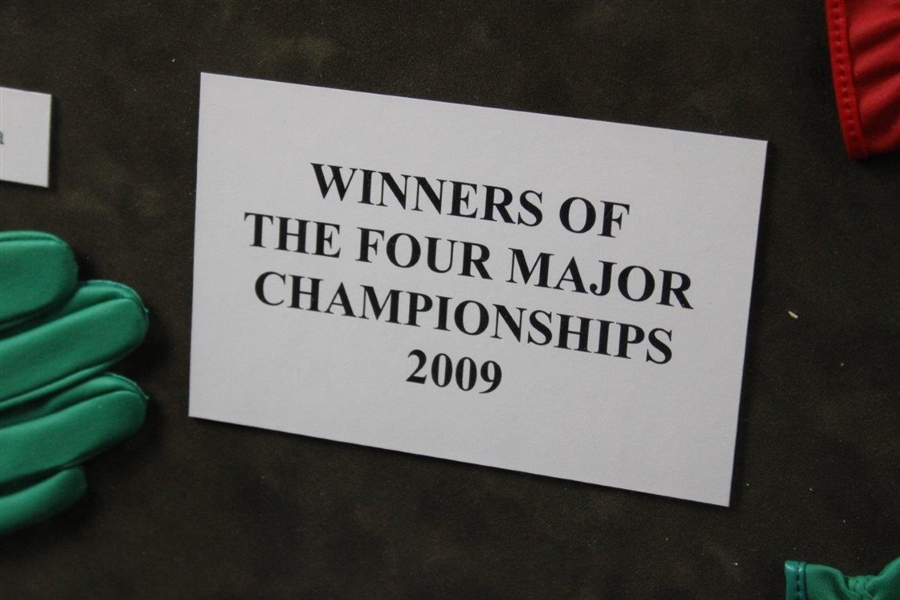 Cabrera, Cink, Yang & Glover Signed Golf Gloves Display - 2009 Major Champs - Framed JSA ALOA