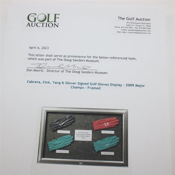 Cabrera, Cink, Yang & Glover Signed Golf Gloves Display - 2009 Major Champs - Framed JSA ALOA