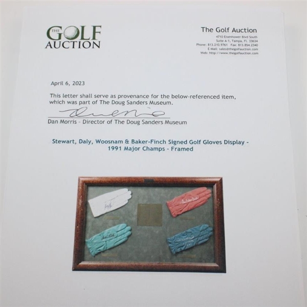 Stewart, Daly, Woosnam & Baker-Finch Signed Golf Gloves Display - 1991 Major Champs - Framed JSA ALOA