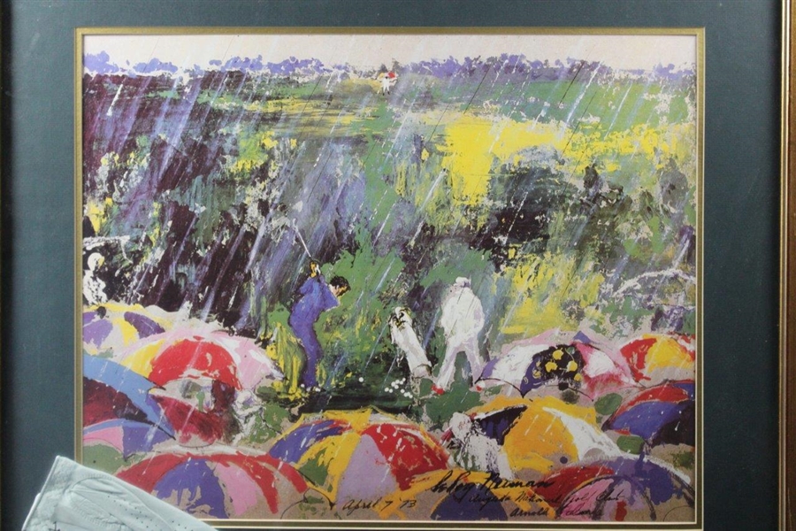 Tommy Aaron Signed Glove w/LeRoy Neiman 1973 'Arnie in the Rain' Print - Framed JSA ALOA