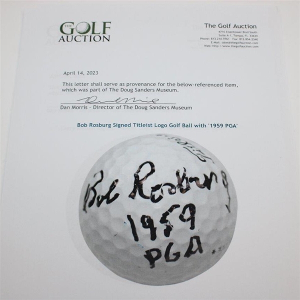 Bob Rosburg Signed Titleist Logo Golf Ball with '1959 PGA' JSA ALOA
