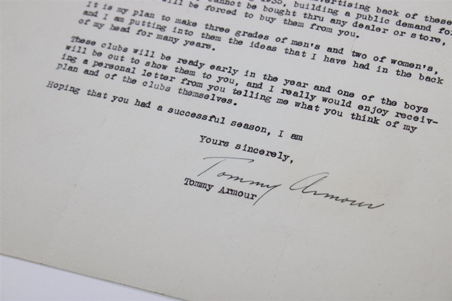 Tommy Armour Signed letter From December 18th, 1934 - MacGregor Content JSA ALOA