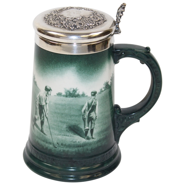 Pre-1906 Lenox Green Painted Sterling Rimmed Golf Scene Stein with Sterling Top - Great Condition