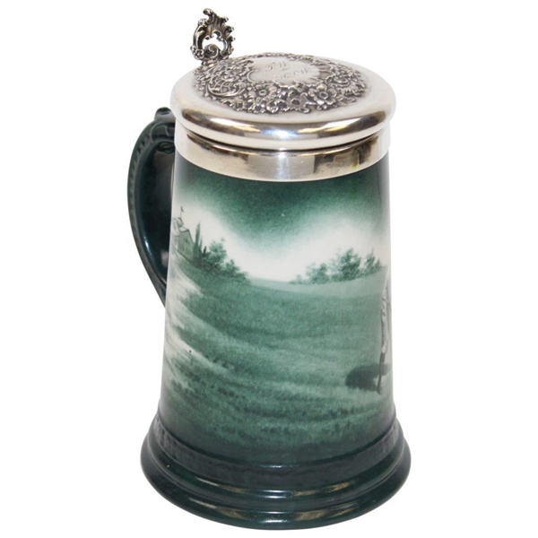 Pre-1906 Lenox Green Painted Sterling Rimmed Golf Scene Stein with Sterling Top - Great Condition