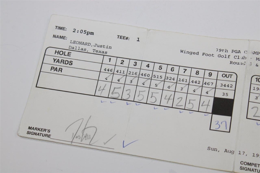 Champion Davis Love III (Marker) Signed 1997 PGA Final Rd RU Justin Leonard Scorecard