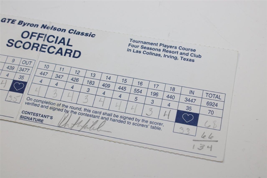 Phil Mickelson Signed 1998 GTE Byron Nelson Classic 2nd Rd Scorecard w/Justin Leonard (Marker)