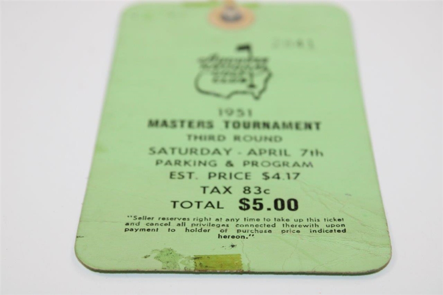1951 Masters Tournament 3rd Rd Saturday Ticket #2841 w/Original String - Ben Hogan Winner