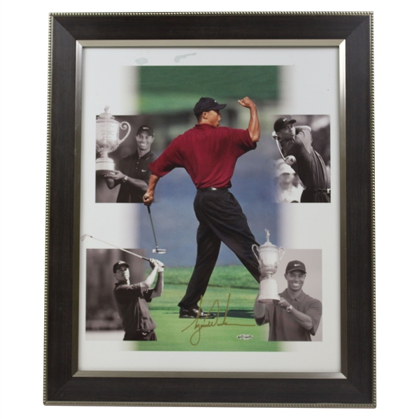 Tiger Woods Signed Red Shirt Fist Pump Upper Deck Collage - Framed #BAJ12624