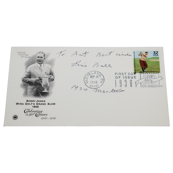 Errie Ball Signed Bobby Jones First Day Cover w/ '1934 Masters' Notation JSA ALOA