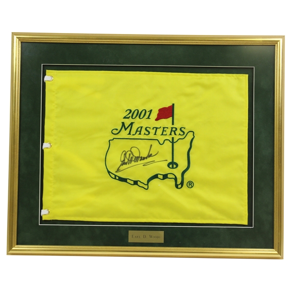 Earl Woods Signed 2001 Masters Embroidered Flag - Framed Beckett Letter #AB91536