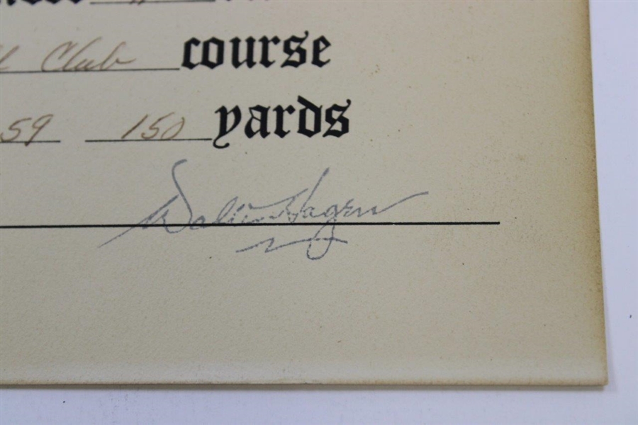 Walter Hagen Hole In One Club Certificate From 1959