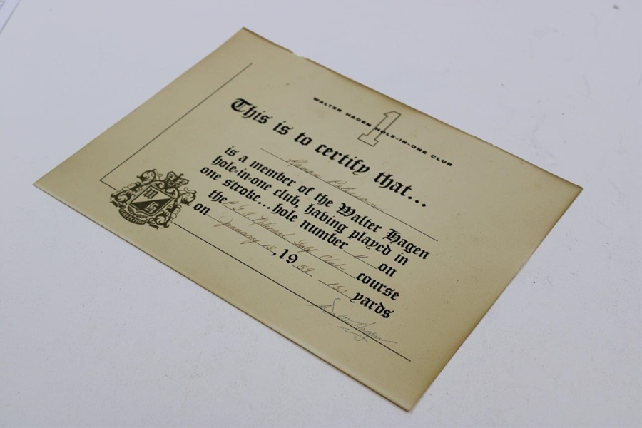 Walter Hagen Hole In One Club Certificate From 1959