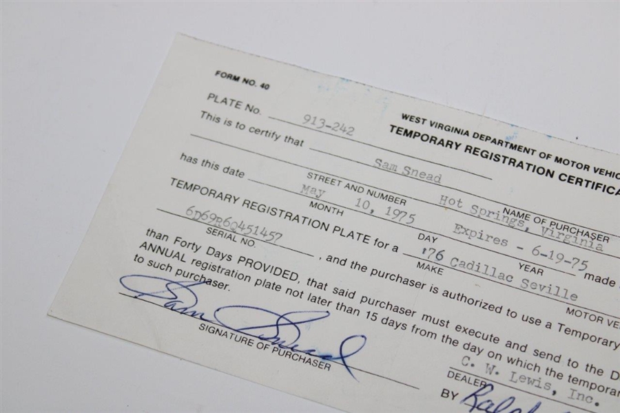 Sam Snead Signed West Virginia DMV Temporary Registration Certificate JSA ALOA