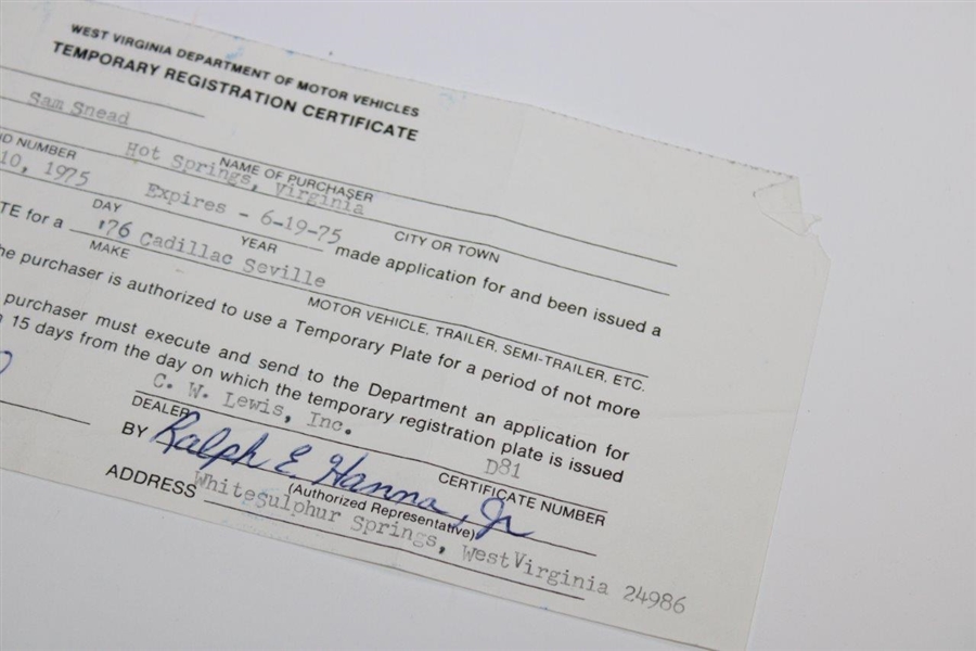 Sam Snead Signed West Virginia DMV Temporary Registration Certificate JSA ALOA