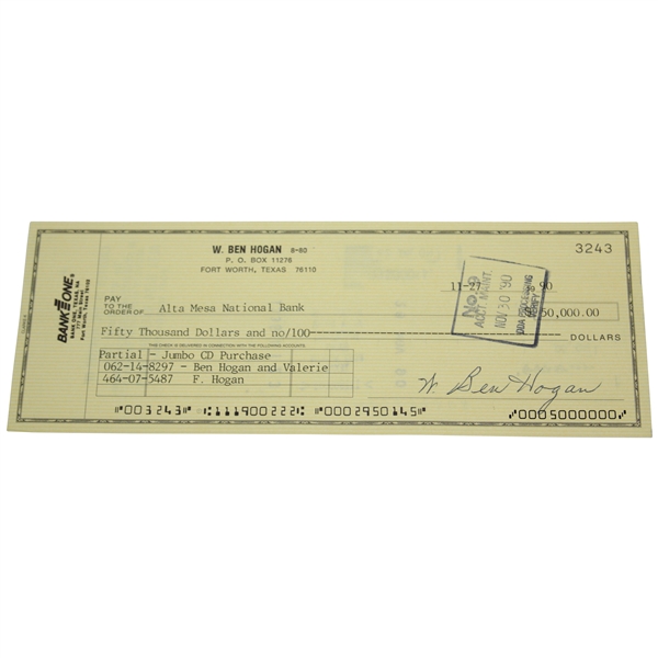 Ben Hogan Signed $50,000 Bank One Check to Alta Mesa Nat'l Bank JSA #E59943