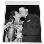 Cary Middlecoff Getting a Kiss Holding The US Open Trophy
