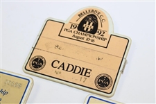 1986, 1988 & 1992 PGA Championship Caddie Badges w/1992 PGA Contestant Guest Badge
